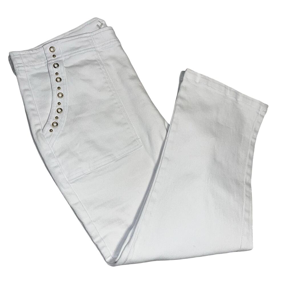 Cache’ White Gold Accent Denim Pants Stretch Cropped Jeans Sz 31
